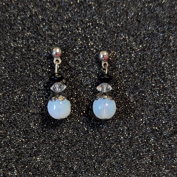 Moonstone Earrings Blue Rainbow Glass Bead Dangle Dainty Art Deco Victorian - Picture 1 of 6
